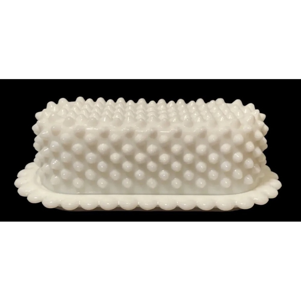 Vintage 1970's Fenton White Milk Glass Hobnail Scalloped Edge Butter Dish & Lid